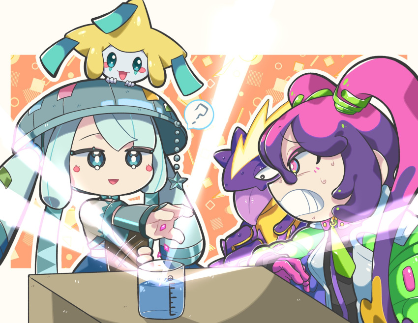 2girls, :d, ?, blonde_hair, blue_eyes, blue_hair, blue_headwear, blush_stickers
