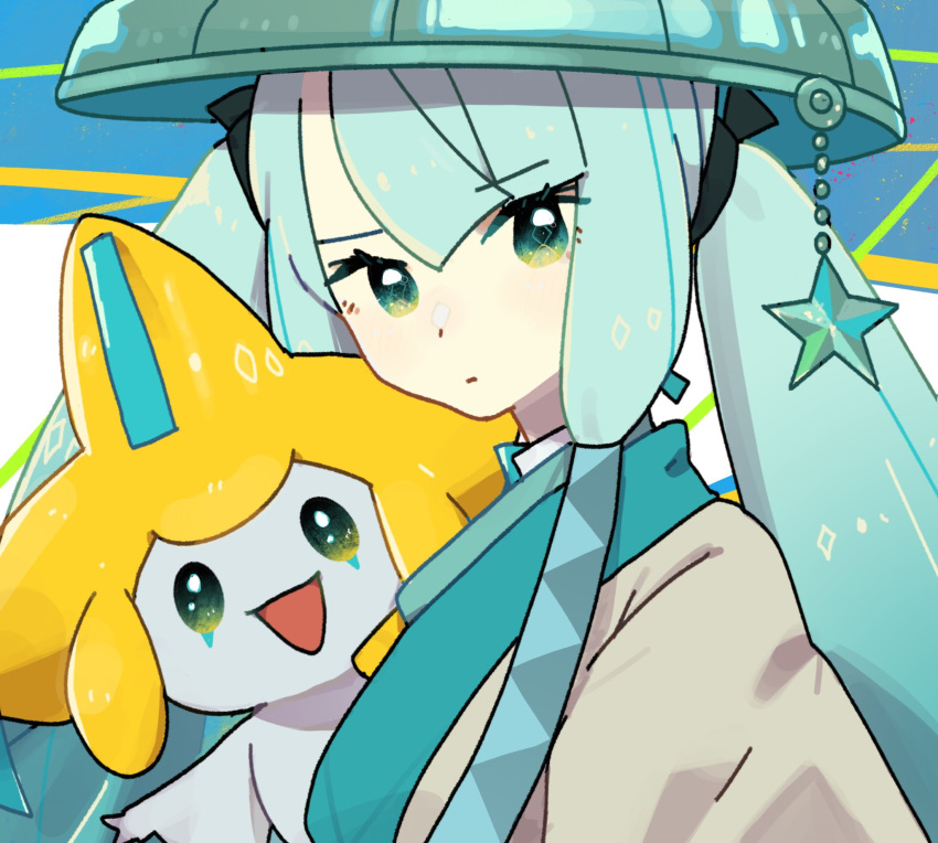 1girl, :d, aqua_headwear, blue_eyes, blue_hair, closed_mouth, commentary, green_eyes