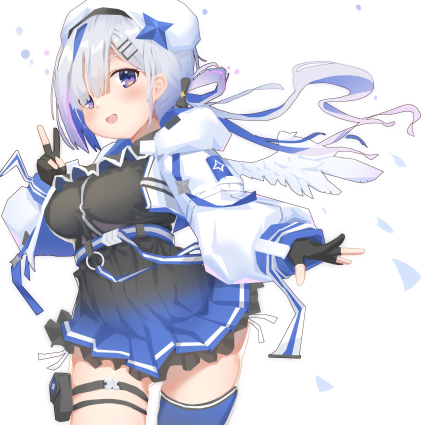 1girl, absurdres, amane_kanata, amane_kanata_(another_world), angel, angel_wings, black_gloves, blue_hair, blush, breasts, colored_inner_hair, feathered_wings, gloves, grey_hair, hair_ornament, highres, hololive, jacket, juu_p, large_breasts, long_hair, looking_at_viewer, multicolored_hair, open_clothes, open_jacket, simple_background, skirt, smile, solo, star_(symbol), star_hair_ornament, streaked_hair, violet_eyes, virtual_youtuber, white_background, wings