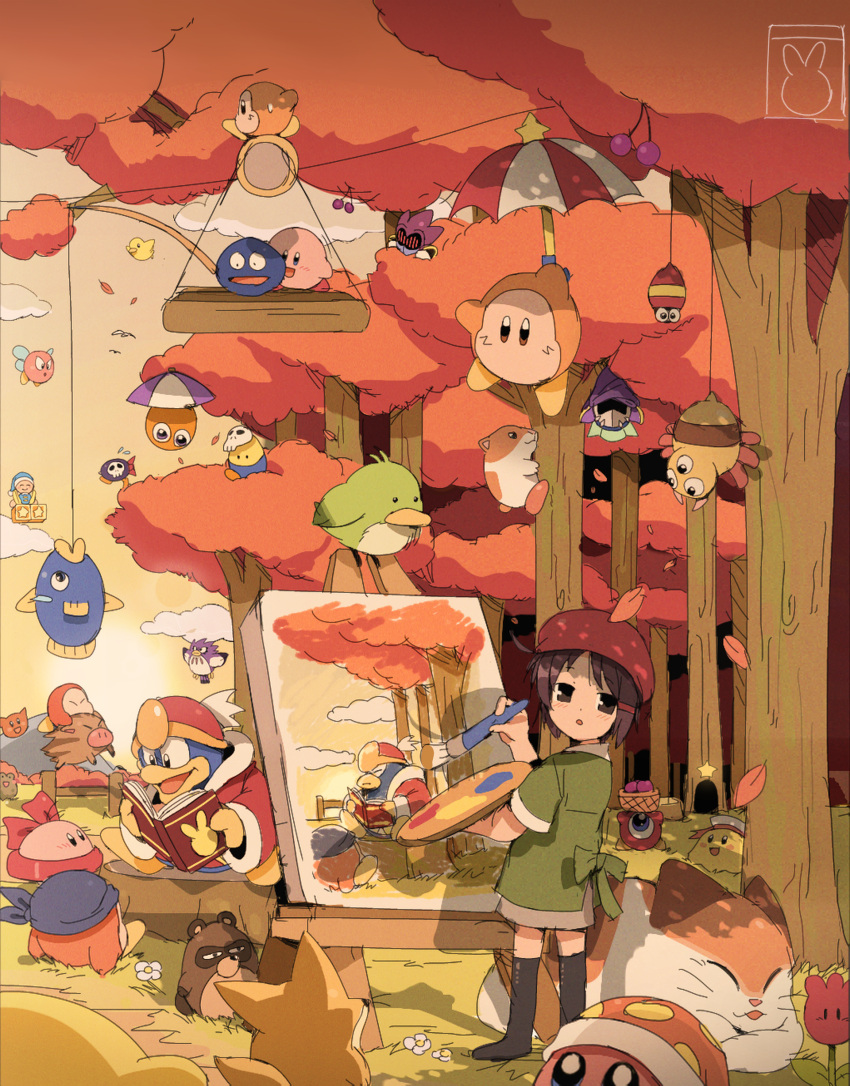 :d, :o, absurdres, adeleine, armor, arms_up, autumn, autumn_leaves