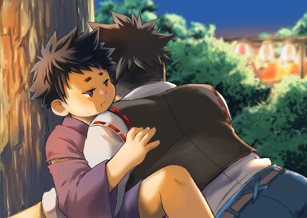 2boys, age_difference, black_hair, blurry, blurry_background, brown_hair, character_request, commentary_request