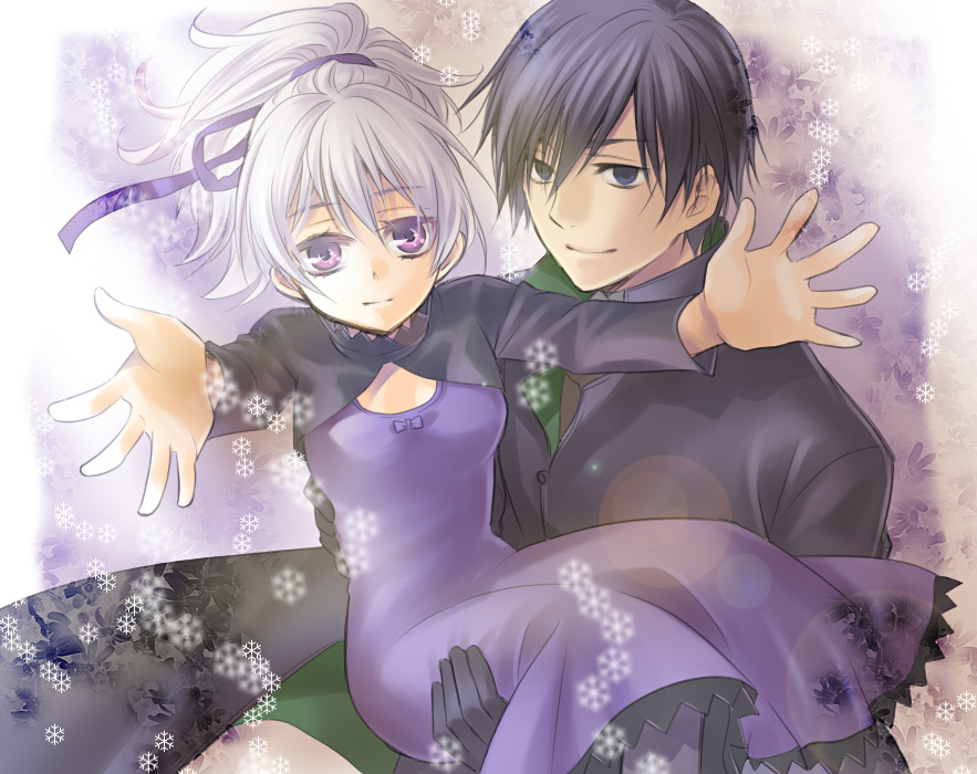 1girl, black_hair, blue_eyes, bow, carrying, coat, couple, darker_than_black