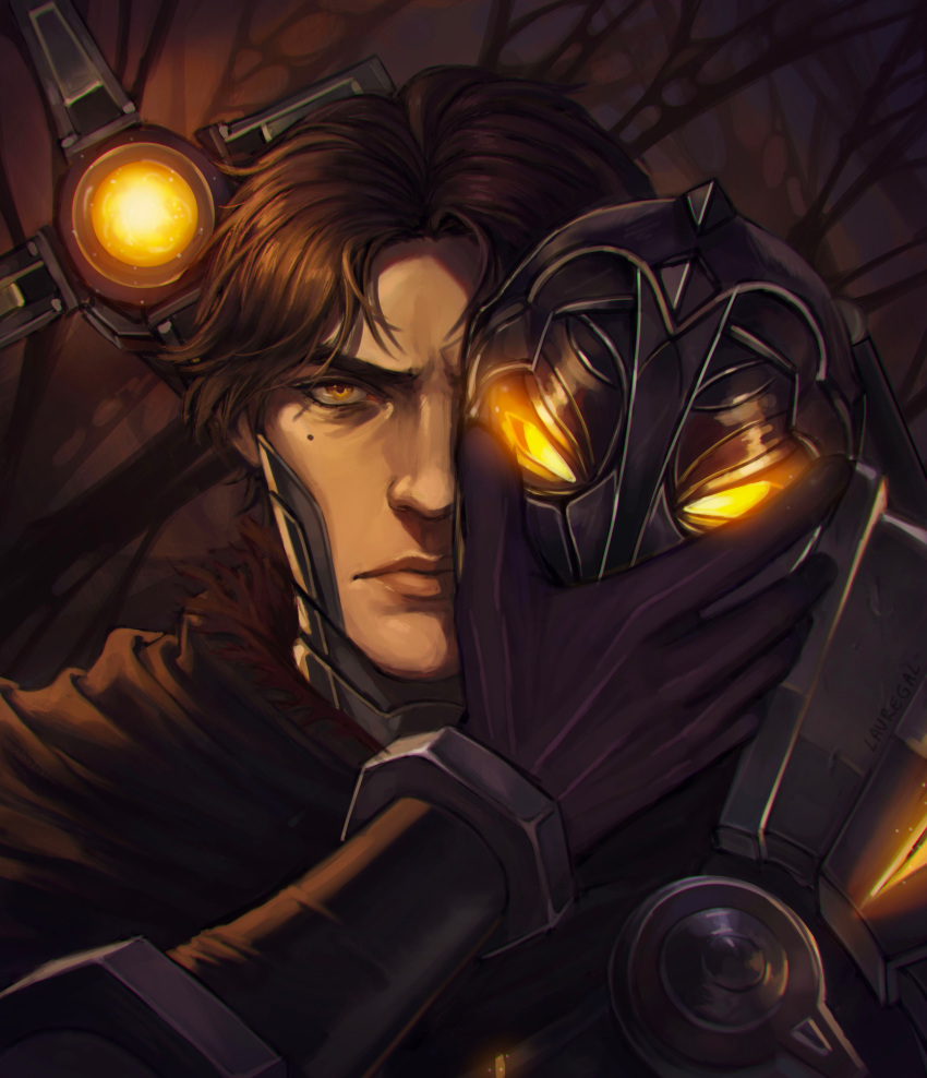 1boy, absurdres, arcane:_league_of_legends, black_gloves, brown_hair, cyborg, gloves, glowing