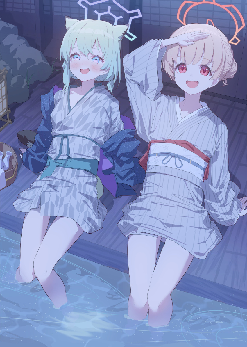 2girls, absurdres, animal_ears, applepie_(12711019), bath_yukata, blonde_hair, blue_archive, blush