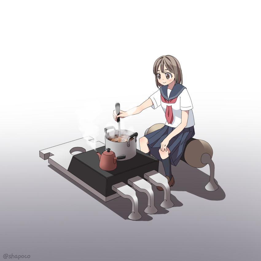 1girl, black_socks, brown_eyes, brown_footwear, brown_hair, closed_mouth, cooking, cooking_pot