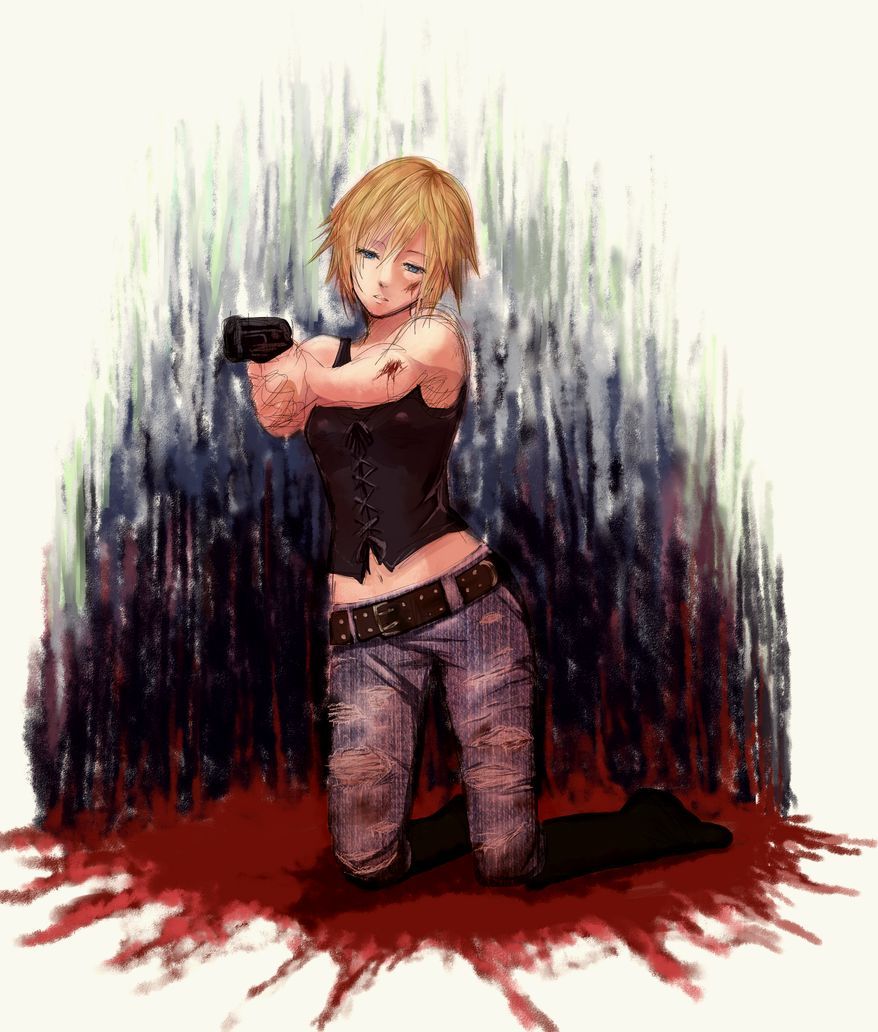 bad_id, bare_shoulders, belt, blonde_hair, blue_eyes, boots, gun, handgun
