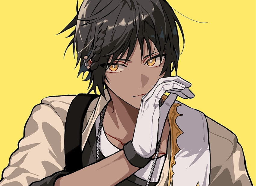 1boy, arknights, black_hair, black_shirt, bright_pupils, brown_jacket, commentary, dark-skinned_male
