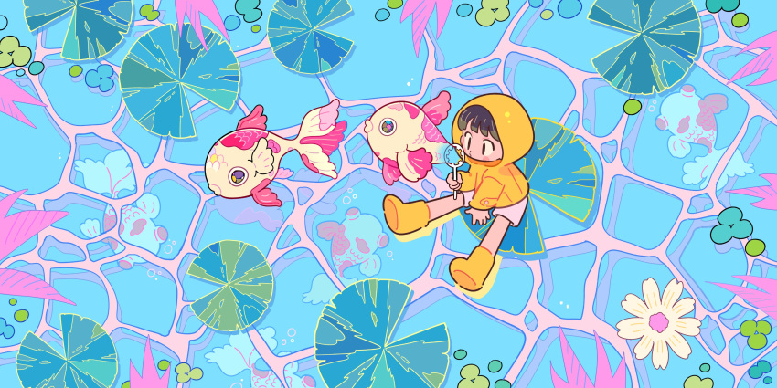 1boy, absurdres, animal, black_hair, boots, bubble_blowing, child, coat, commentary, dolman_(dm), fish, flower, hand_on_ground, highres, hood, hood_up, hooded_coat, koi, lily_pad, original, raincoat, rubber_boots, short_hair, shorts, sitting, solo, symbol-only_commentary, water, water_lily_flower, yellow_coat, yellow_footwear, yellow_raincoat
