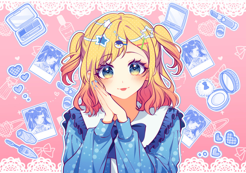 1girl, :p, aiceclass, blue_bow, blue_eyes, blush, bow, collar, cosmetics, frilled_collar, frills, gradient_hair, hanon_(aiceclass), heart, highres, kawaikute_gomen_(honeyworks), kotoha_(aiceclass), lipstick_tube, long_sleeves, medium_hair, multicolored_hair, penguin_hair_ornament, solo, sophia_pie_12, swept_bangs, tongue, tongue_out, two_side_up, virtual_youtuber, yellow_eyes