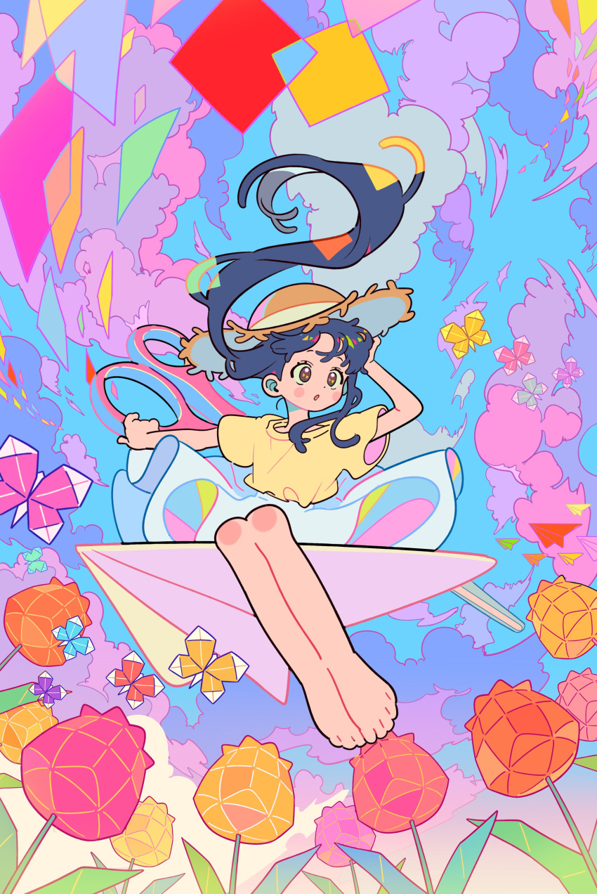 1girl, :o, absurdres, bare_legs, barefoot, blue_hair, brown_eyes, brown_headwear, bug, butterfly, clouds, cloudy_sky, commentary, dolman_(dm), flower, hat, highres, holding, holding_clothes, holding_hat, long_hair, open_mouth, original, paper_airplane, scissors, shirt, short_sleeves, sitting, skirt, sky, solo, sun_hat, surreal, symbol-only_commentary, white_skirt, wide_sleeves, yellow_shirt