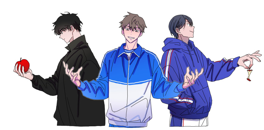 apple, apple_core, bad_apple!!, black_hair, black_jacket, blue_hoodie, blue_jacket, brown_eyes