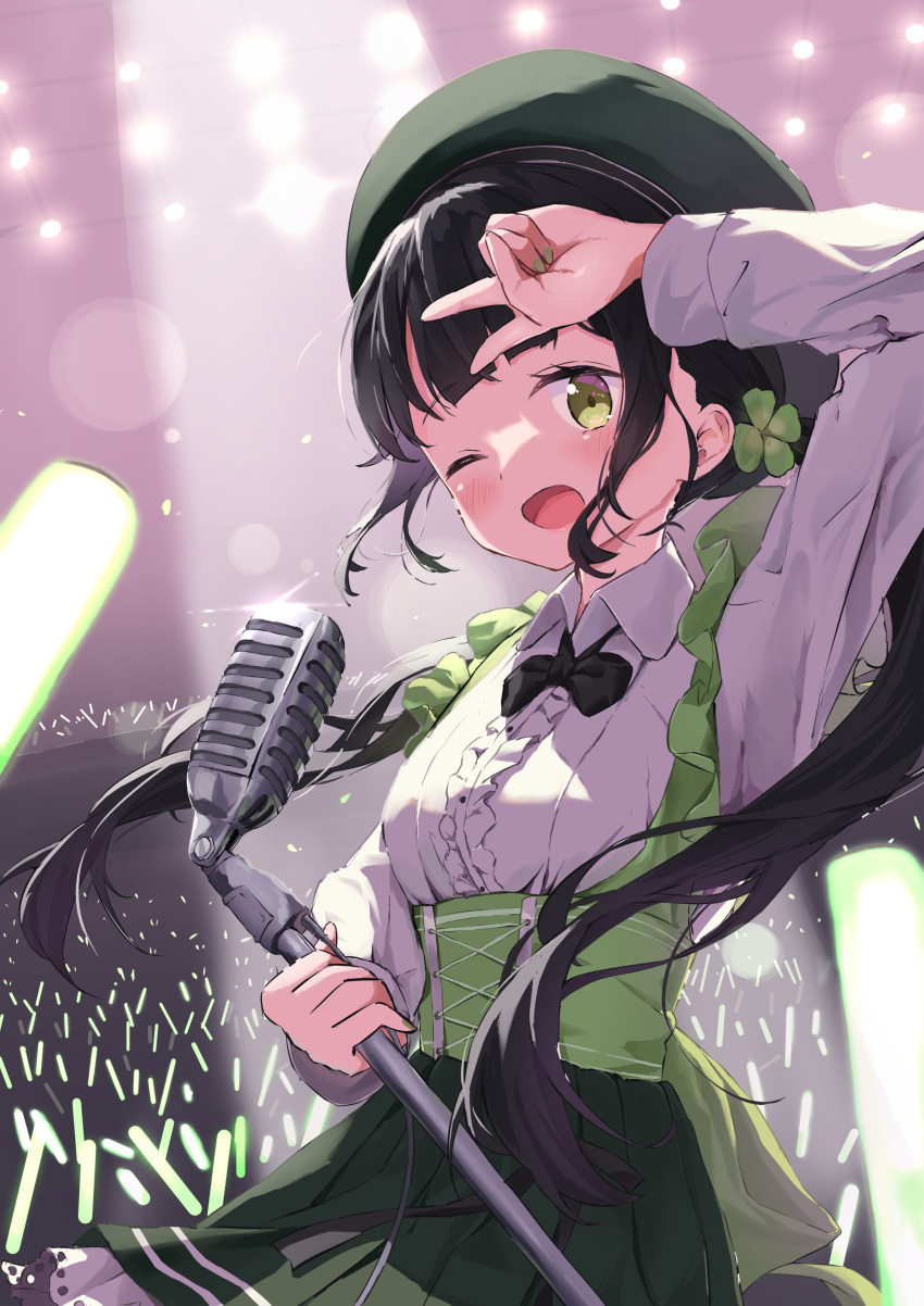 1girl, absurdres, aiceclass, beret, black_hair, black_skirt, clover_hair_ornament, concert