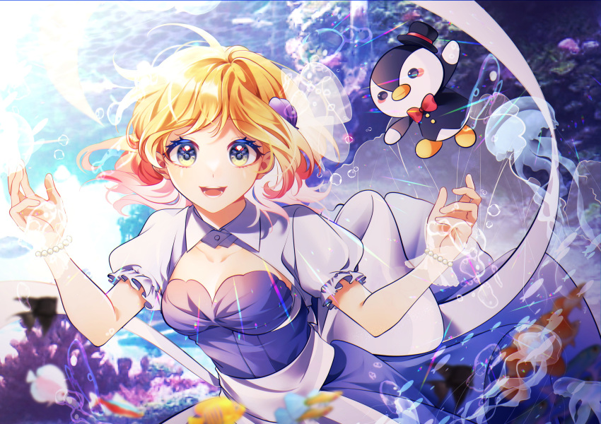 1girl, absurdres, aiceclass, back_bow, bird, blonde_hair, blue_eyes, bow, bubble, gradient_eyes, gradient_hair, hanon_(aiceclass), highres, huge_bow, medium_hair, multicolored_eyes, multicolored_hair, open_mouth, penguin, pink_hair, puffy_short_sleeves, puffy_sleeves, purple_bow, shell_hair_ornament, short_sleeves, smile, solo, sophia_pie_12, virtual_youtuber, yellow_eyes