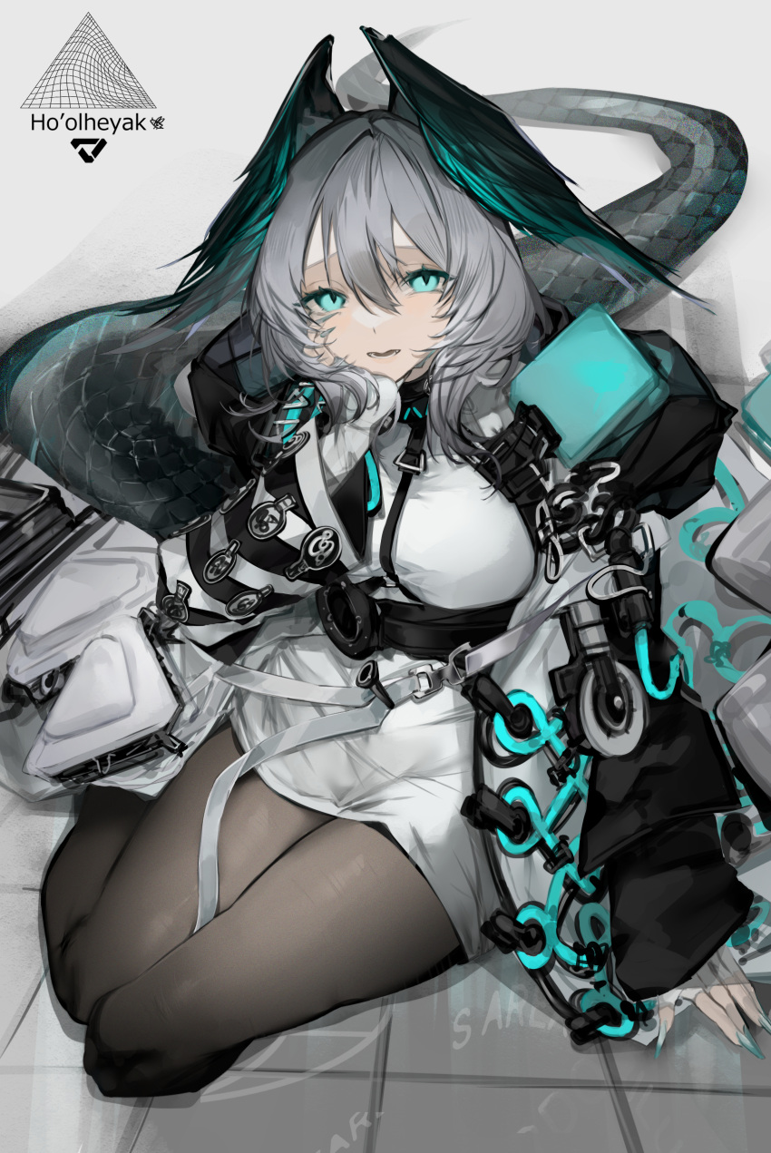 1girl, a_chxoblc, absurdres, aqua_eyes, aqua_wings, arknights, arm_support, black_jacket