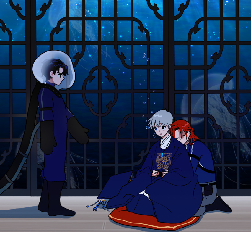 3boys, air_bubble, black_eyes, black_footwear, black_hair, blue_eyes, blue_robe, bodysuit
