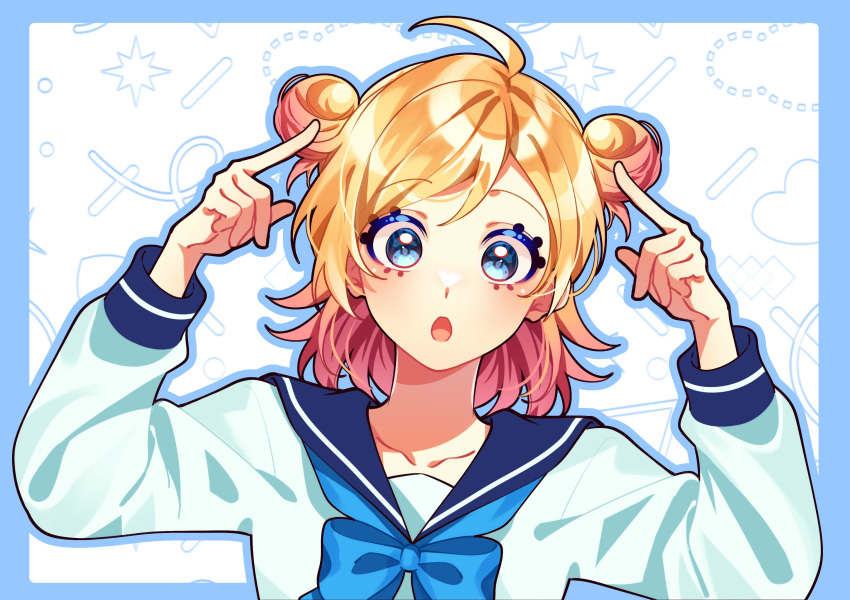1girl, absurdres, ahoge, aiceclass, blonde_hair, blue_bow, blue_eyes, blue_sailor_collar