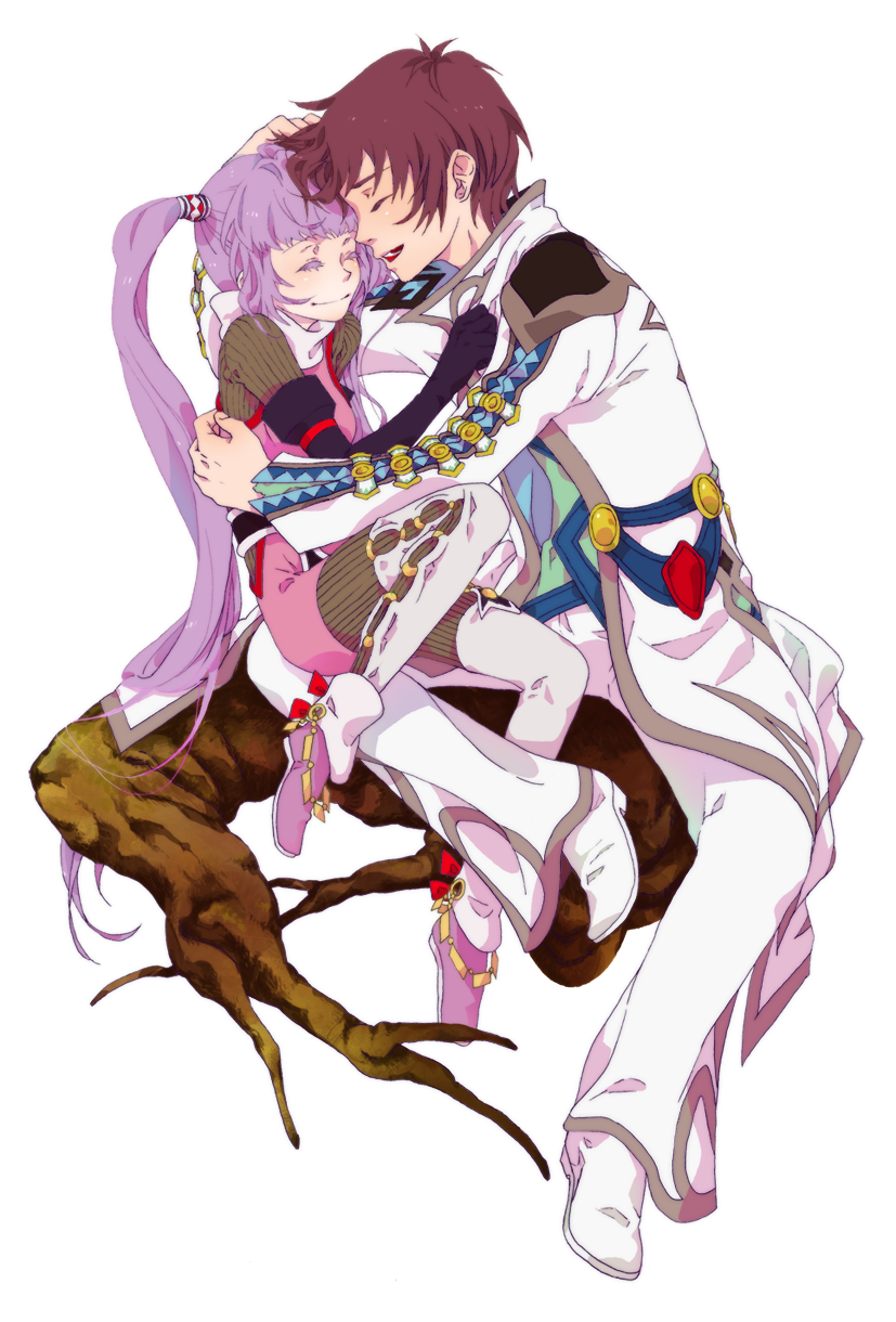 1girl, asbel_lhant, brown_hair, closed_eyes, coat, couple, elbow_gloves, gloves, happy, highres, hug, leg_warmers, log, n_(no_bu), petting, purple_eyes, purple_hair, sitting, smile, sophie_(tales_of_graces), tales_of_(series), tales_of_graces, twintails, violet_eyes, white_background