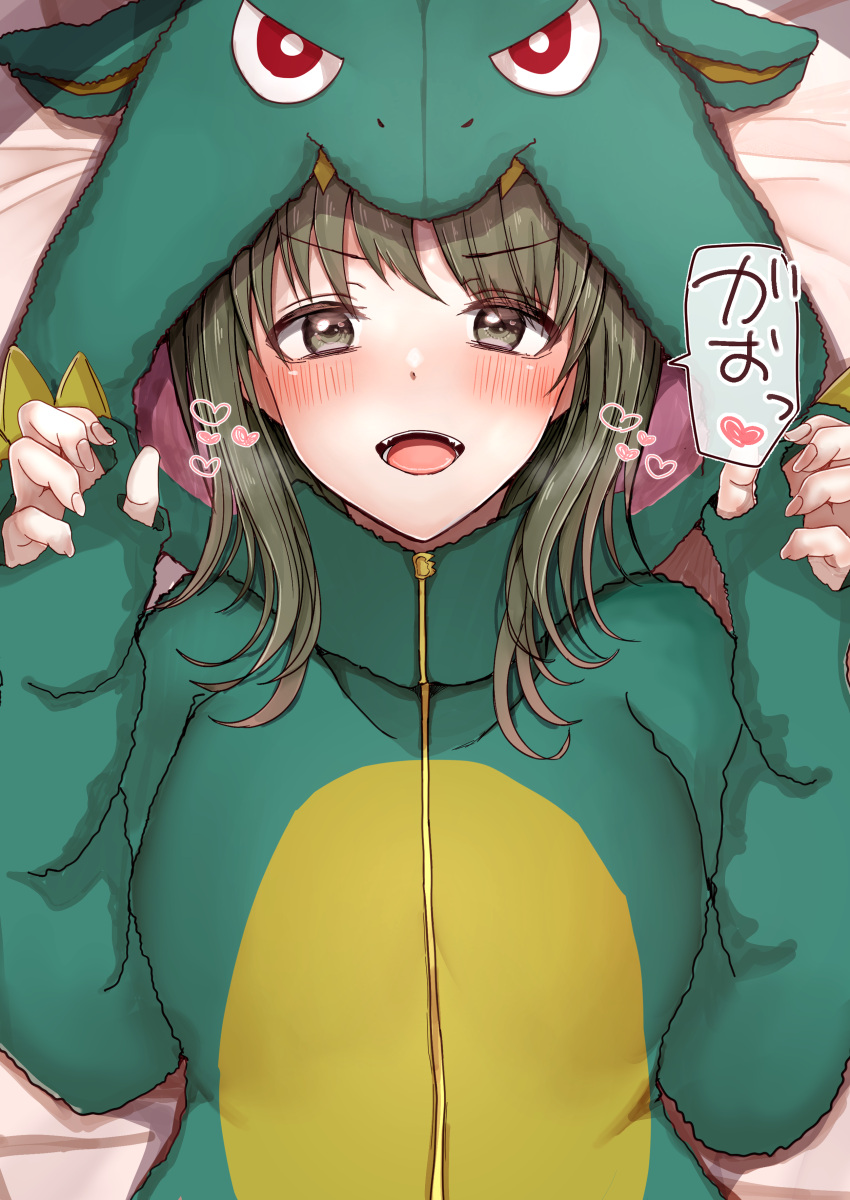 1girl, absurdres, blush, breasts, dinosaur_costume, gao, green_eyes, green_hair