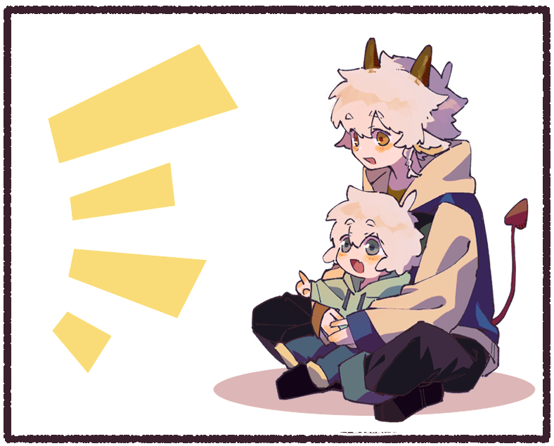 2boys, all_saints_street, animal_ears, black_footwear, black_pants, blue_jacket, demon_tail, goat_ears, goat_horns, green_hoodie, green_pants, hood, hood_down, hoodie, horns, jacket, luo_xiaohei, luo_xiaohei_zhanji, multiple_boys, neil_bowman, notice_lines, nploser, pants, shoes, simple_background, sitting, sitting_on_lap, sitting_on_person, tail, white_background, yellow_hood, yellow_sleeves