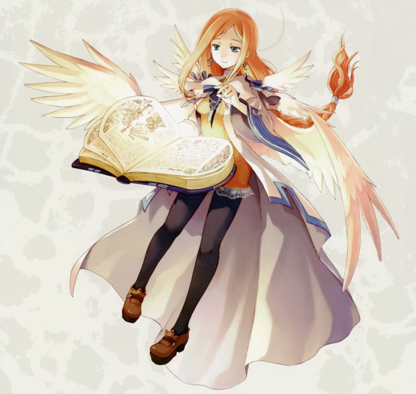1girl, alouette_(la_pucelle), angel_wings, aqua_eyes, black_pantyhose, blonde_hair, book, braid