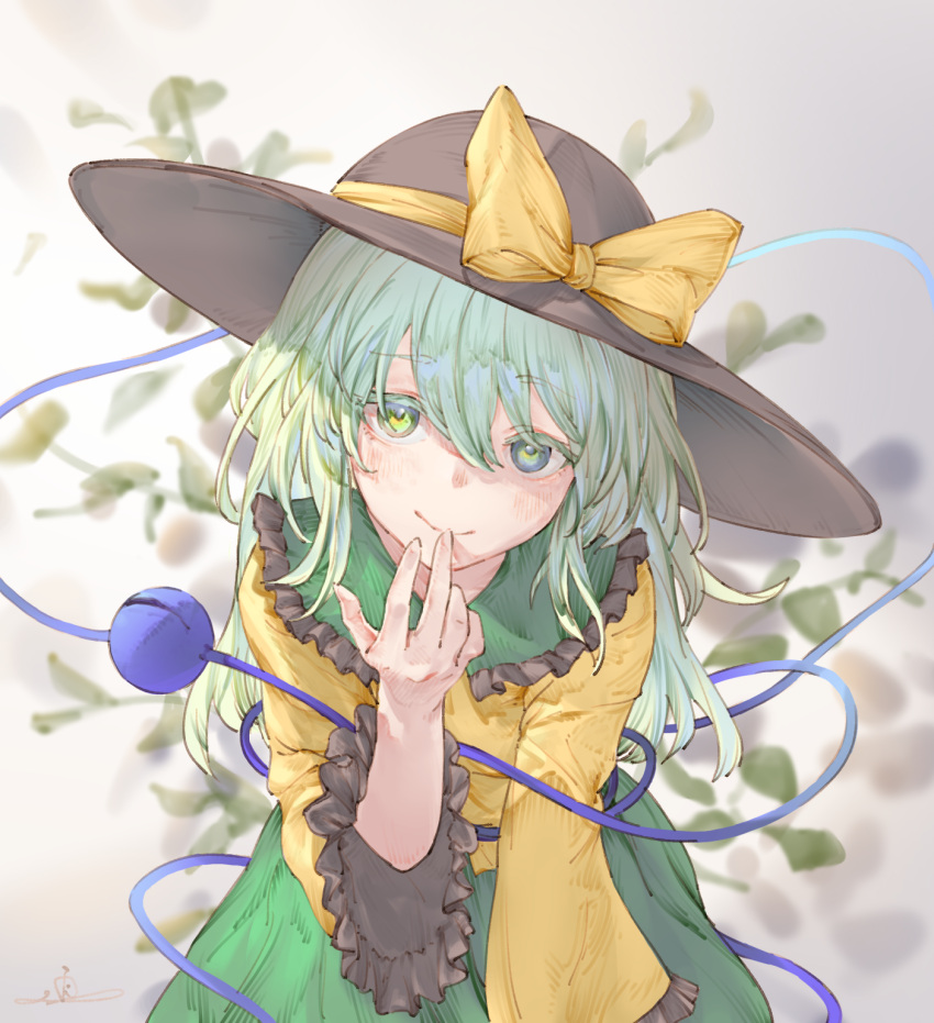1girl, collared_shirt, commentary, frilled_sleeves, frills, green_eyes, green_hair, green_skirt