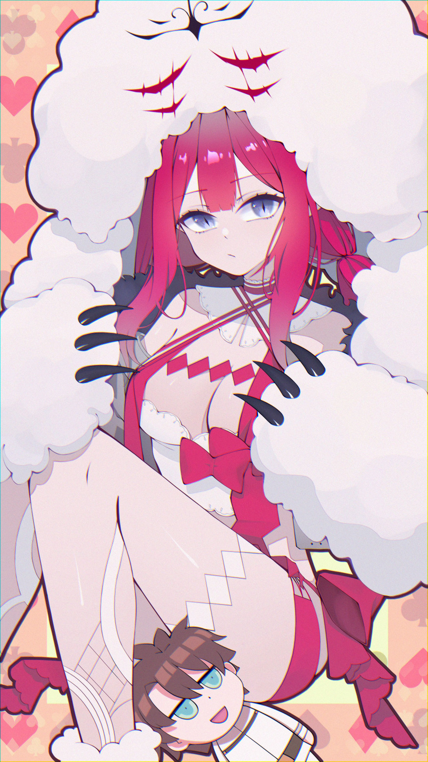 1boy, 1girl, absurdres, baobhan_sith_(fate), baobhan_sith_(swimsuit_pretender)_(fate), black_hair, blue_eyes, breasts, cernunnos_(fate), chaldea_uniform, clover, expressionless, fate/grand_order, fate_(series), fujimaru_ritsuka_(male), grey_eyes, heart, highres, medium_breasts, qian_chang_zhe_zhi, redhead, swimsuit, twintails