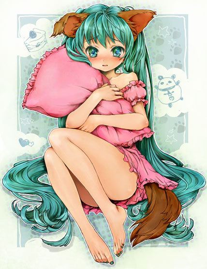 animal_ears, aqua_eyes, aqua_hair, bare_legs, bare_shoulders, barefoot, blush, convenient_leg