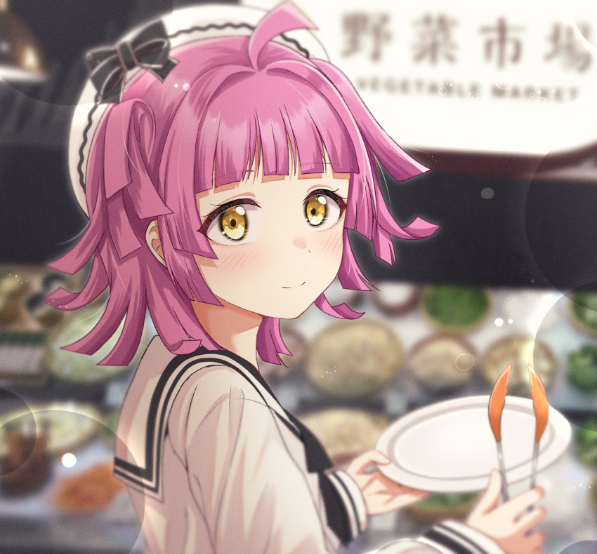 1girl, ahoge, black_bow, black_bowtie, blurry, blurry_background, bow, bowtie