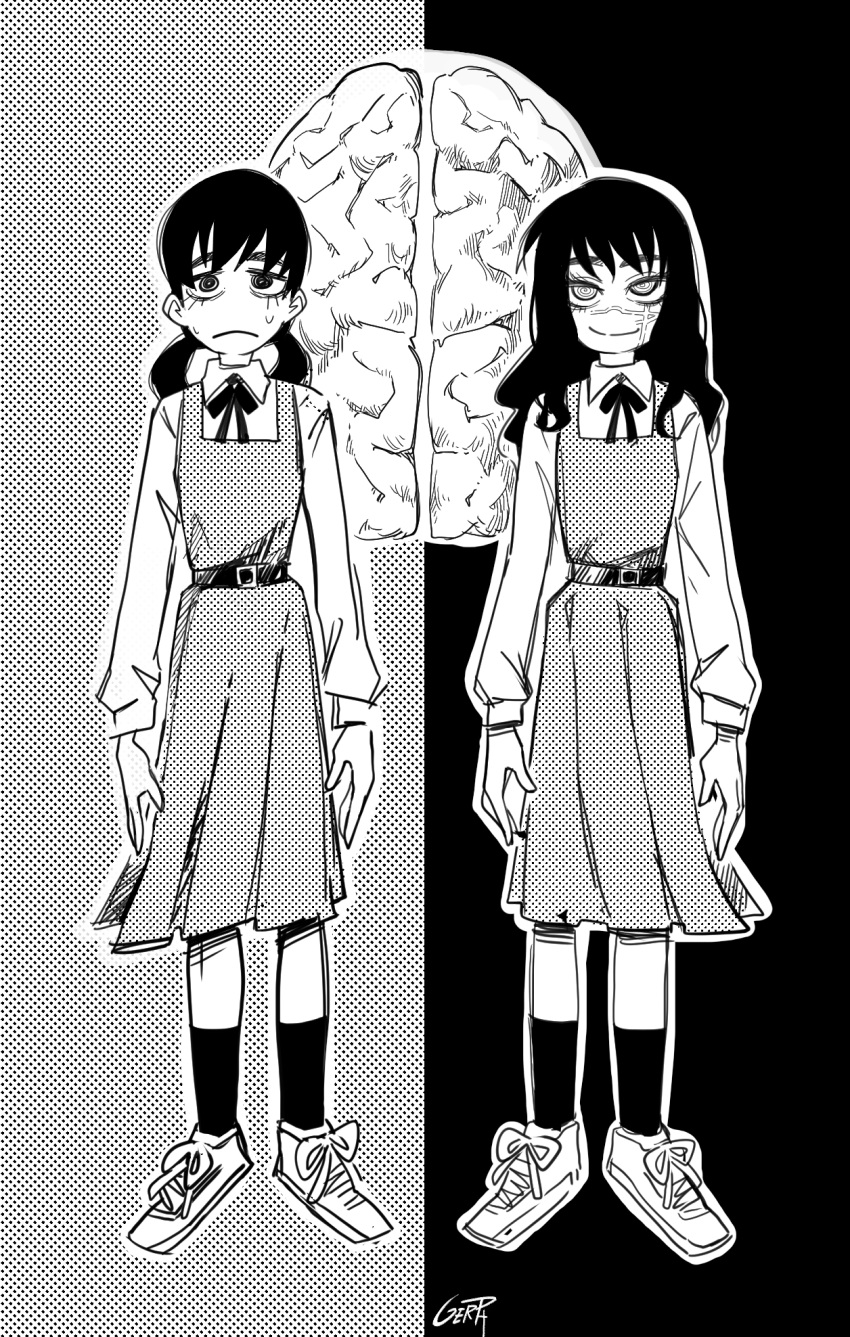 2girls, black_background, chainsaw_man, dual_persona, evil_smile, expressionless, fourth_east_high_school_uniform, frown