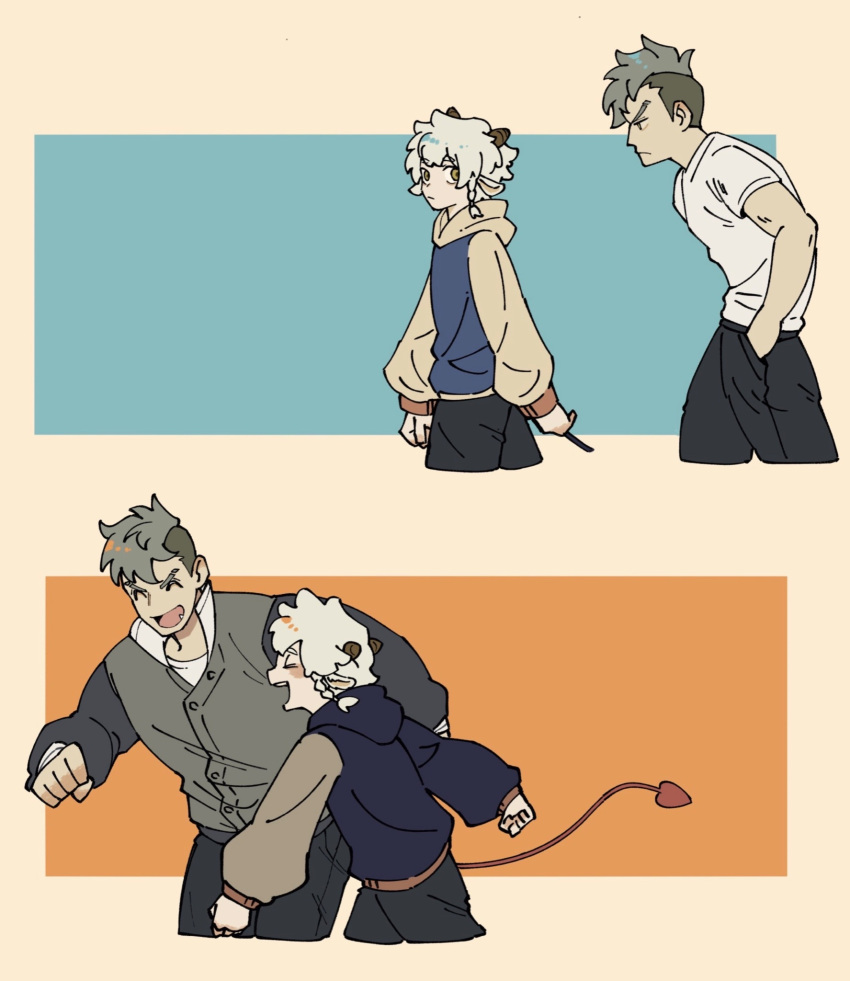 2boys, all_saints_street, animal_ears, black_pants, blue_hoodie, braid, closed_eyes, damao_(all_saints_street)