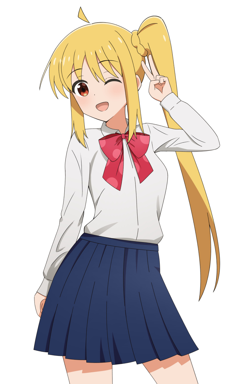 1girl, ;d, ahoge, blonde_hair, blue_skirt, bocchi_the_rock!, bow, commentary, cowboy_shot, dress_shirt, highres, ijichi_nijika, long_hair, long_sleeves, looking_at_viewer, miniskirt, one_eye_closed, open_mouth, pleated_skirt, red_bow, red_eyes, school_uniform, shimokitazawa_high_school_uniform, shirt, side_ponytail, sidelocks, simple_background, skirt, smile, solo, standing, v, white_background, white_shirt, wing_collar, yisusjpl