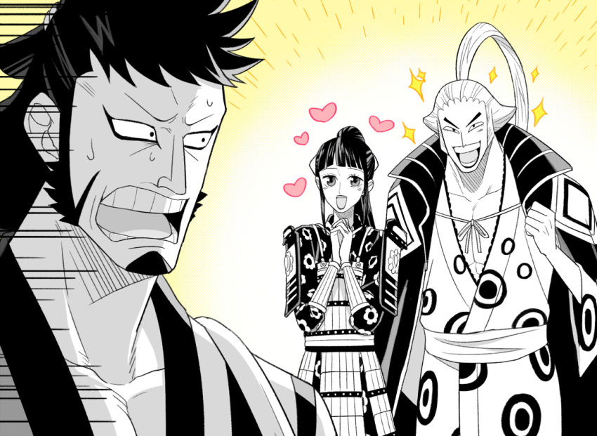 3boys, black_hair, blush, denjirou_(one_piece), facial_hair, goatee, greyscale, greyscale_with_colored_background