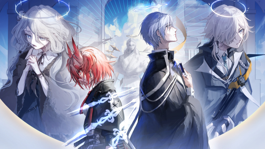 2boys, 2girls, absurdres, andoain_(arknights), arch, arknights, belt, black_belt