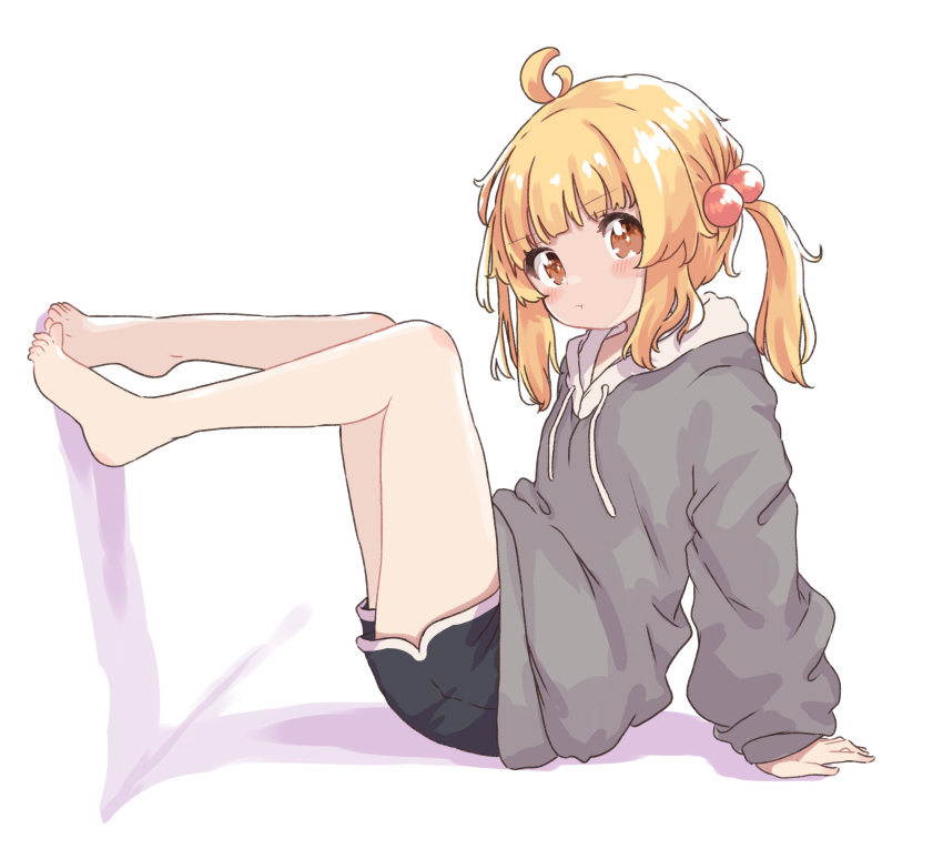 1girl, absurdres, ahoge, aoi_tori, barefoot, black_shorts, blonde_hair, blush, closed_mouth, dolphin_shorts, dot_nose, drawstring, feet_against_wall, full_body, grey_hoodie, hair_bobbles, hair_ornament, highres, hood, hood_down, hoodie, long_hair, long_sleeves, looking_at_viewer, original, pout, shadow, shorts, sidelocks, sitting, solo, twintails, white_background