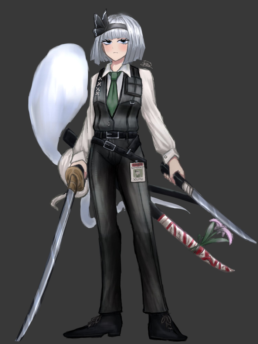 belt, black_footwear, black_hairband, black_pants, black_vest, blue_eyes, blush, bob_cut, bow_hairband, collared_shirt, dreizakuro, dress_shirt, expressionless, flower, green_necktie, green_vest, hairband, highres, hitodama, katana, konpaku_youmu, konpaku_youmu_(ghost), necktie, pants, scabbard, sheath, shirt, short_hair, sword, tomboy, touhou, vest, weapon, white_hair, white_shirt