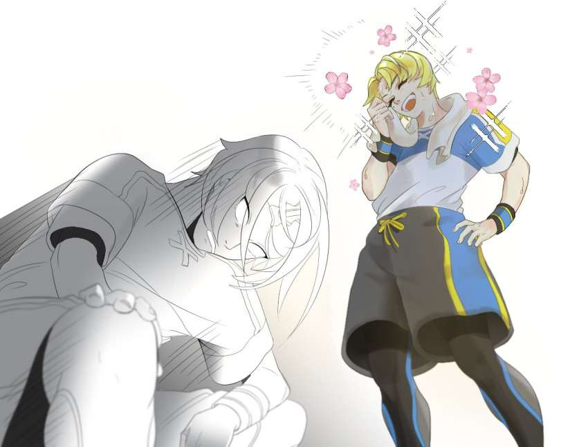 2boys, alcryst_(fire_emblem), alfred_(fire_emblem), blonde_hair, closed_eyes, commentary_request, fire_emblem, fire_emblem_engage, flower, korean_commentary, mixed-language_commentary, multiple_boys, official_alternate_costume, open_mouth, partially_colored, shirt, short_hair, shorts, sweat, teeth, towel, towel_around_neck, training_outfit_(fire_emblem_engage), uh_ahk, upper_teeth_only, wristband