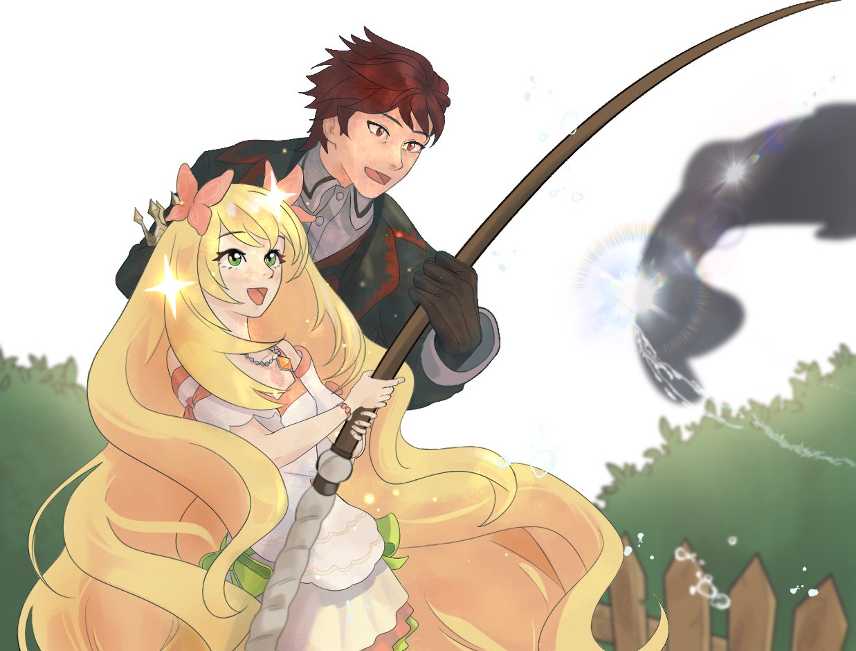1boy, 1girl, :d, black_jacket, bow, butterfly_hair_ornament, celine_(fire_emblem), commentary_request, crown, diamant_(fire_emblem), dress, dress_bow, eyelashes, fire_emblem, fire_emblem_engage, fish, fishing, fishing_rod, gloves, green_bow, green_eyes, hair_ornament, holding, holding_crown, holding_fishing_rod, jacket, jewelry, korean_commentary, long_hair, mixed-language_commentary, necklace, official_alternate_costume, open_mouth, red_eyes, redhead, short_hair, smile, uh_ahk, very_long_hair, white_dress