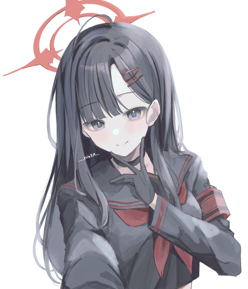 1girl, armband, asymmetrical_bangs, black_choker, black_gloves, black_hair, black_shirt, blue_archive