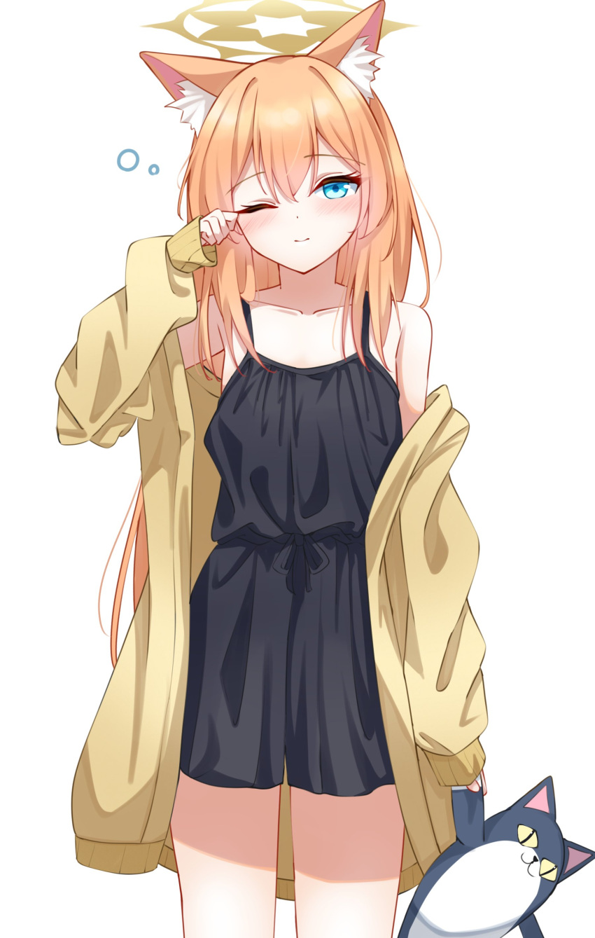 1girl, absurdres, alternate_costume, animal_ear_fluff, animal_ears, bare_shoulders, black_pajamas, blue_archive