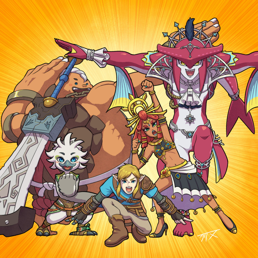 1girl, 4boys, anklet, arm_up, armlet, armor, ascot, bird_boy