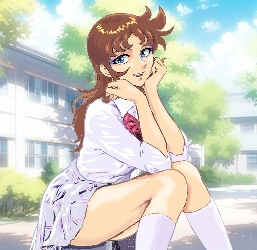 1girl, :d, blue_eyes, blue_sky, bow, bowtie, brown_hair, building