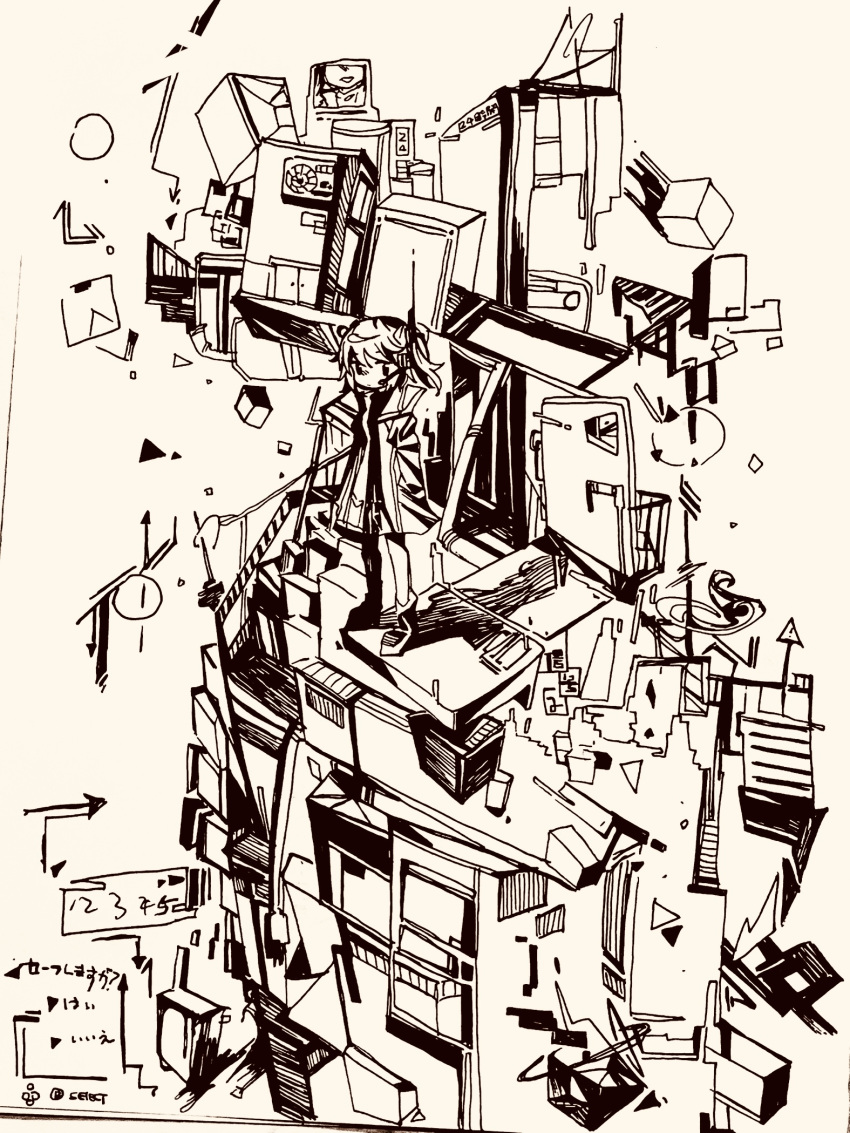 !, 1girl, a.i._voice, abstract, adachi_rei, arms_at_sides, boots, button_prompt, chinese_commentary, commentary_request, cube, cupboard, dialogue_options, door, expressionless, floating, floating_object, greyscale, hatching_(texture), headset, highres, jacket, ledge, long_sleeves, looking_at_viewer, lu_ren_(scotuer), medium_hair, monochrome, one_side_up, open_clothes, open_jacket, pen_(medium), radio_antenna, railing, shadow, sign, skirt, solo, stairs, standing, television, traditional_media, translation_request, turtleneck, utau, warning_sign, wide_shot