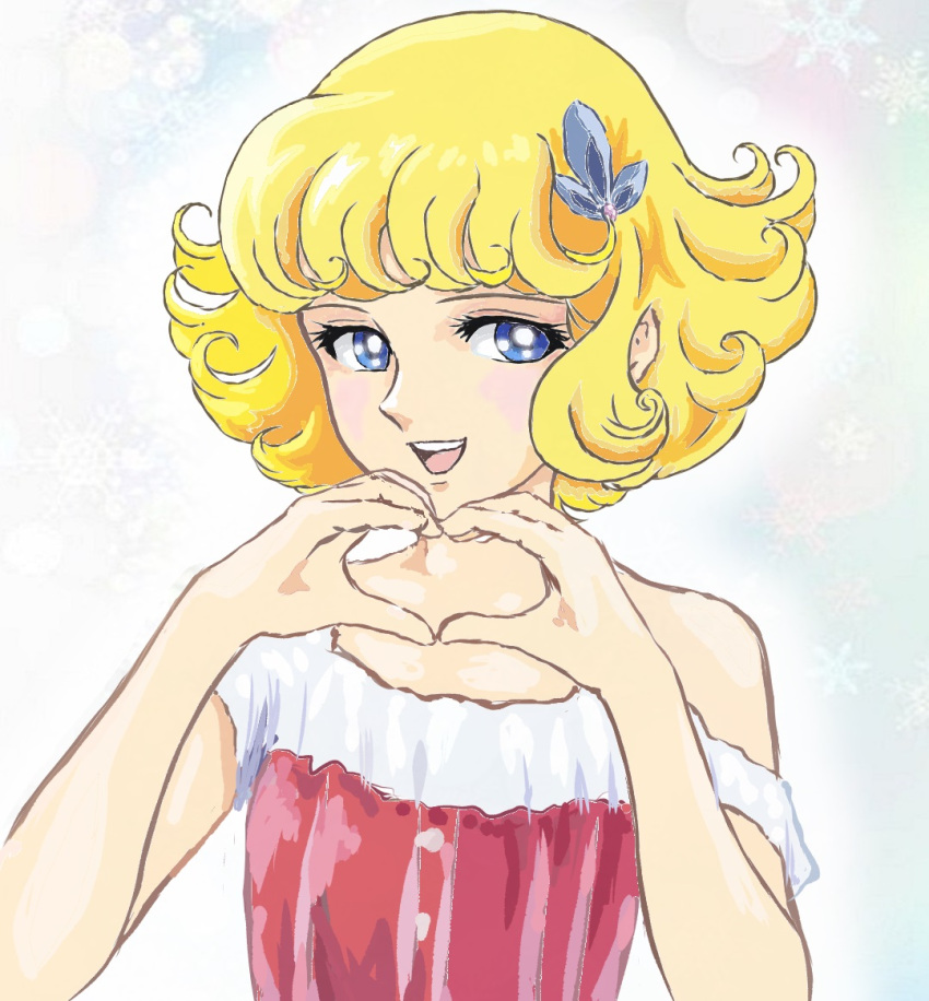 1970s_(style), 1girl, :d, blonde_hair, blue_eyes, eyelashes, hair_ornament, hana_no_ko_lunlun