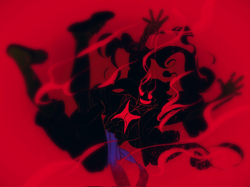1boy, :d, alternate_form, cloud_hair, eye_trail, eyed_silhouette, from_side, full_body, gear_fifth, glowing, glowing_eyes, haki, highres, kithwith_(kith_0121), light_trail, looking_at_viewer, male_focus, midair, monkey_d._luffy, one_piece, open_clothes, outstretched_arms, red_theme, sandals, scar, scar_on_chest, silhouette, smile, solo, spread_arms, toned, toned_male
