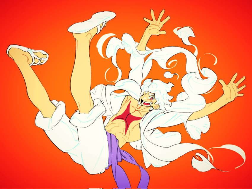 1boy, alternate_form, cloud_hair, curly_eyebrows, from_side, full_body, gear_fifth, haki