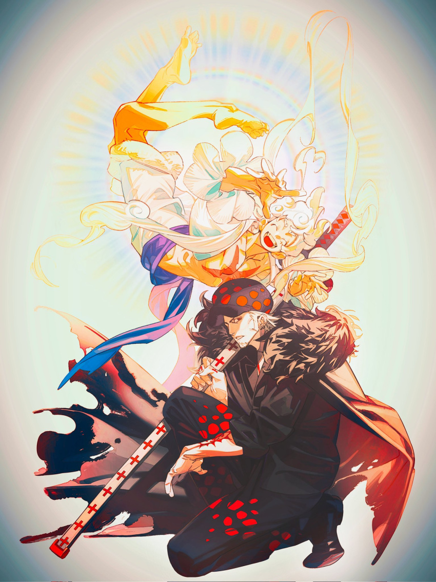 2boys, ^_^, alternate_form, alternate_hair_color, arm_tattoo, black_vs_white, closed_eyes, cloud_hair