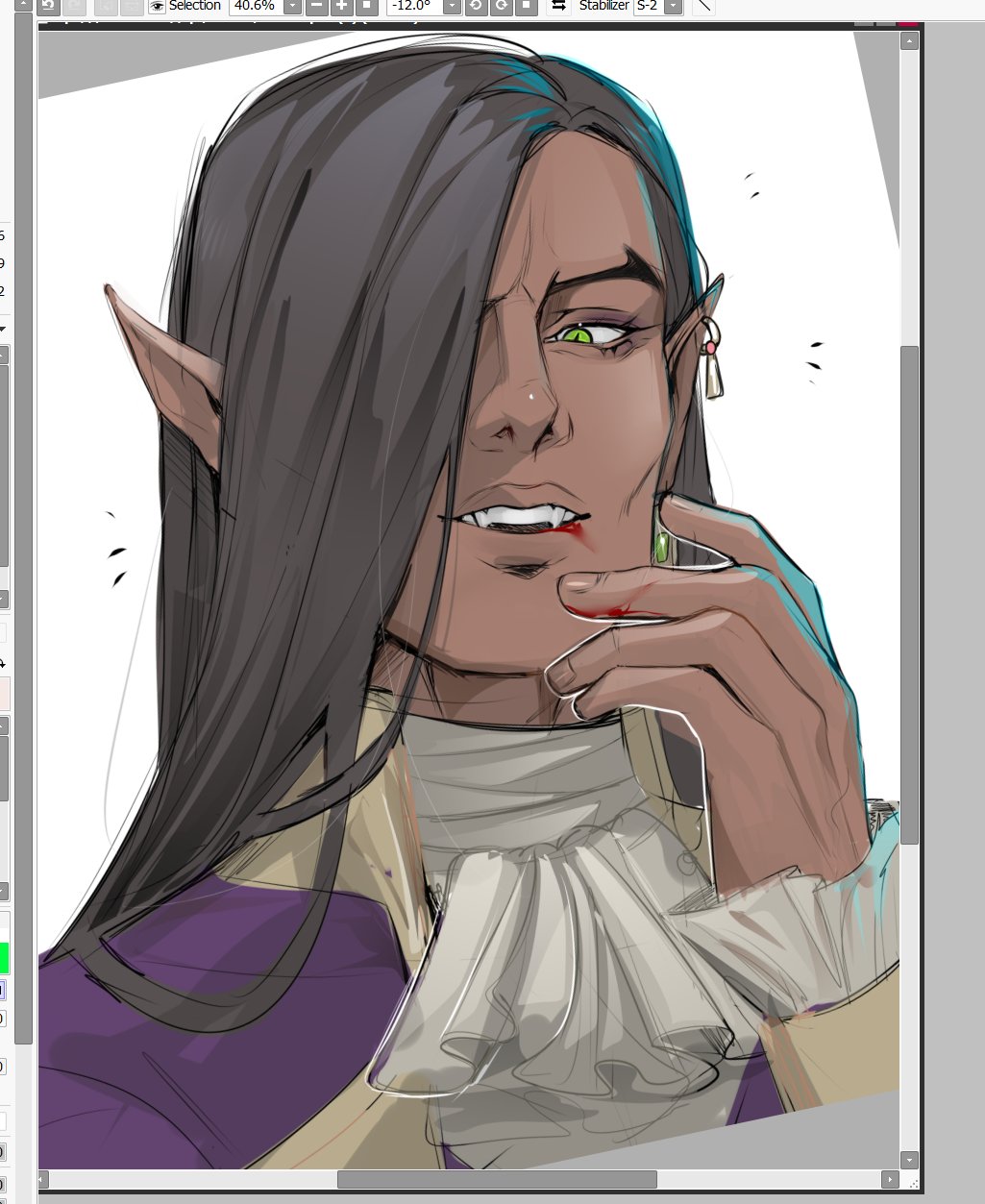 1boy, art_program_in_frame, ascot, blood, blood_from_mouth, brown_hair, castlevania:_nocturne, dark-skinned_male, dark_skin, earrings, frilled_sleeves, frills, green_eyes, hair_over_one_eye, hand_up, high_collar, highres, jewelry, long_hair, looking_at_viewer, male_focus, olrox, pointy_ears, single_earring, smile, sofit, solo, vampire