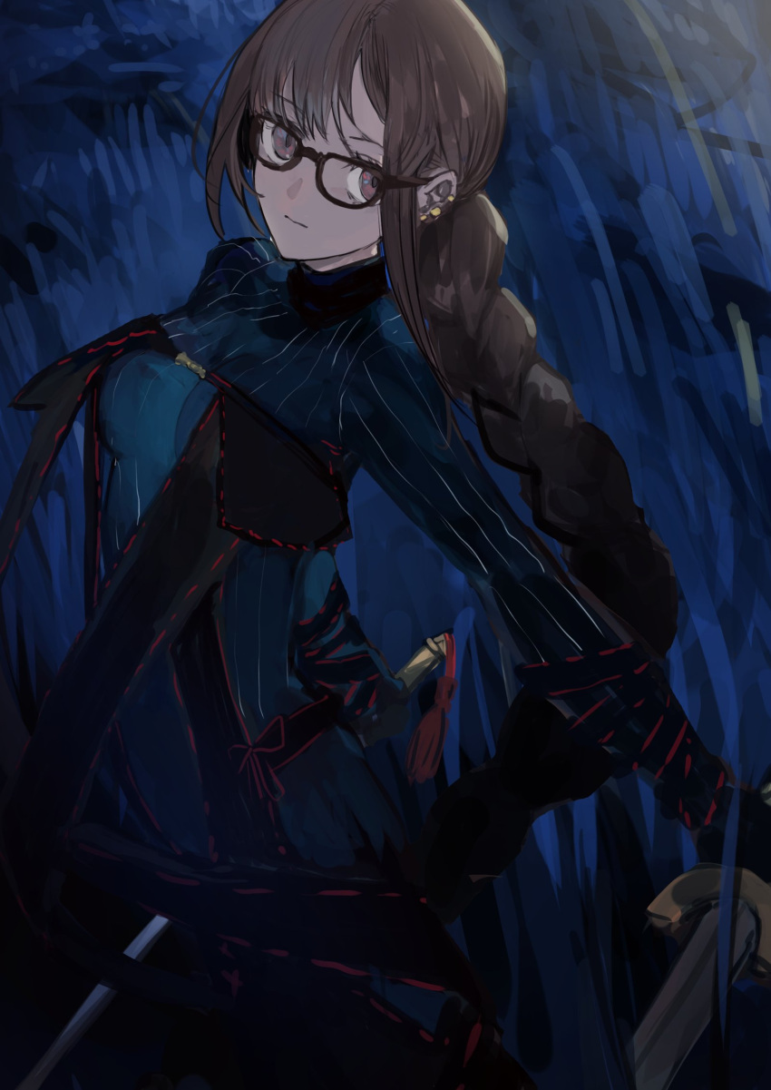 1girl, black-framed_eyewear, black_dress, black_gloves, braid, braided_ponytail, breasts, brown_eyes