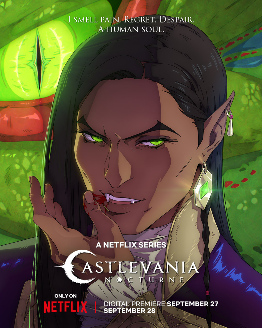1boy, artist_request, brown_hair, castlevania:_nocturne, dark-skinned_male, dark_skin, earrings, fangs