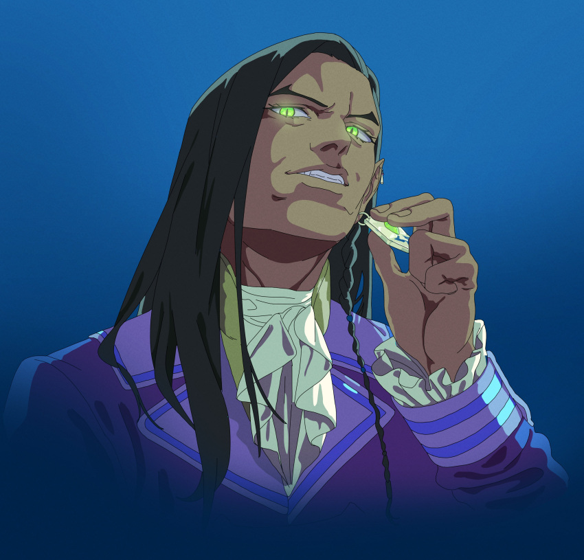 1boy, absurdres, ascot, brown_hair, castlevania:_nocturne, dark-skinned_male, dark_skin, earrings, from_below, glowing, glowing_eyes, green_eyes, henryk_99, highres, jewelry, long_hair, male_focus, olrox, pointy_ears, single_earring, slit_pupils, solo, vampire